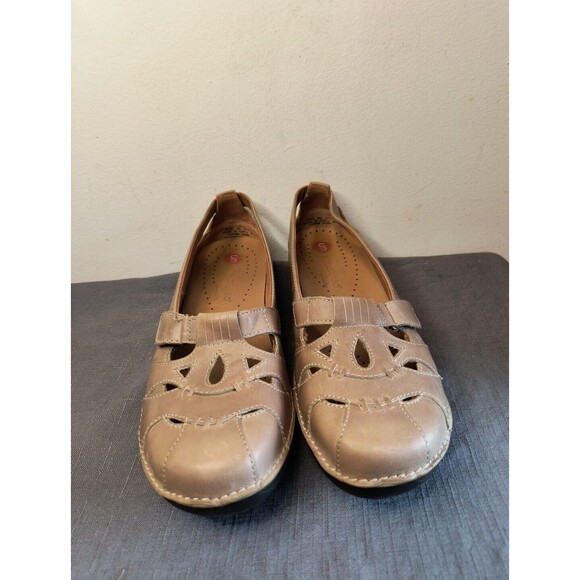 CLARKS 63784 Unstructured Strappy Leather Loafers Mary Janes - Tan 9M Ladies - Picture 1 of 9